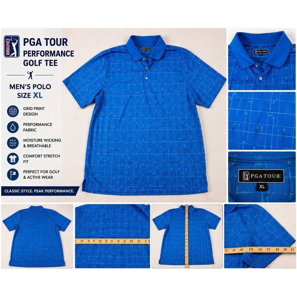 PGA Tour Polo Shirt Mens XL Blue Grid Print Performance Golf Athletic